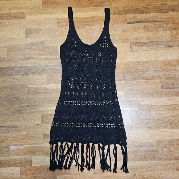 Black Knit Fringe Dress Size Small Boho Crochet Beach Cover Up Summer Festival - Picture 4 of 6